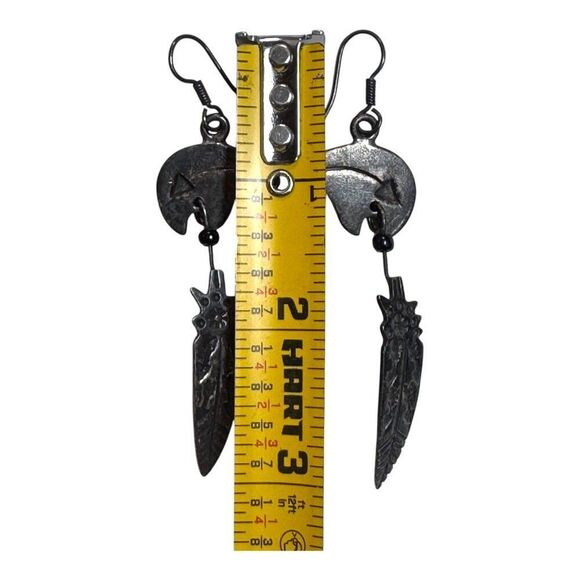 Vintage Sterling Silver Fetish Bear & Feather Dangle Earrings With Tribal Design - Picture 3 of 9